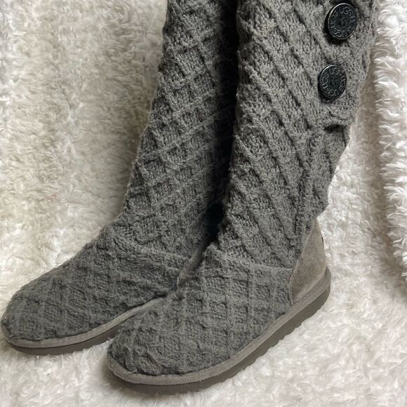 UGG AUSTRALIA Lattice Cardy Genuine Sheepskin Knit Tall Gray Boots big girl SZ4 - Picture 4 of 12
